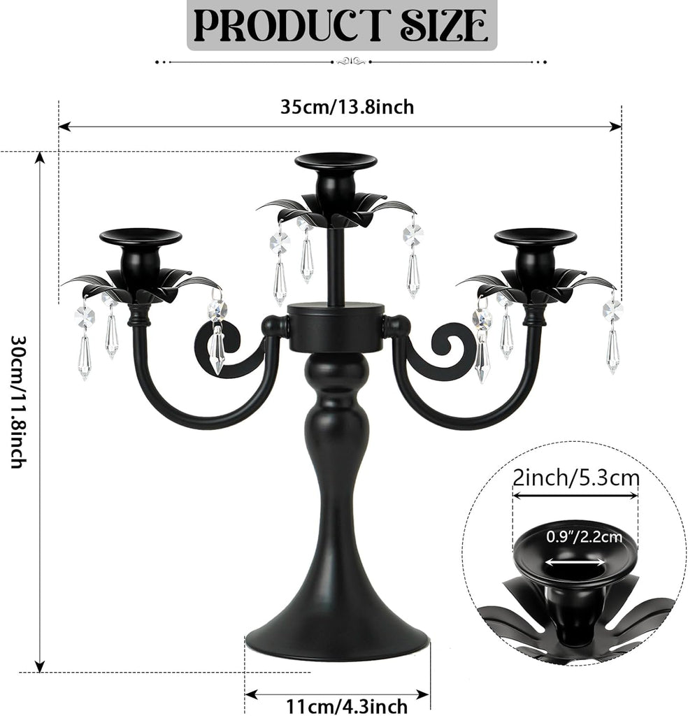 Metal 3 Arm Candelabra with Crystal Pendants - 11.8 Inch Tall Candle Holders, Set of 2 - Elegant Taper Candlestick