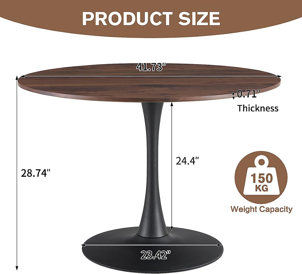 42 Inch Walnut Round Dining Table for 4, Tulip Dining Table with Thickened Tabletop & Sturdy Metal Pedestal, Mid