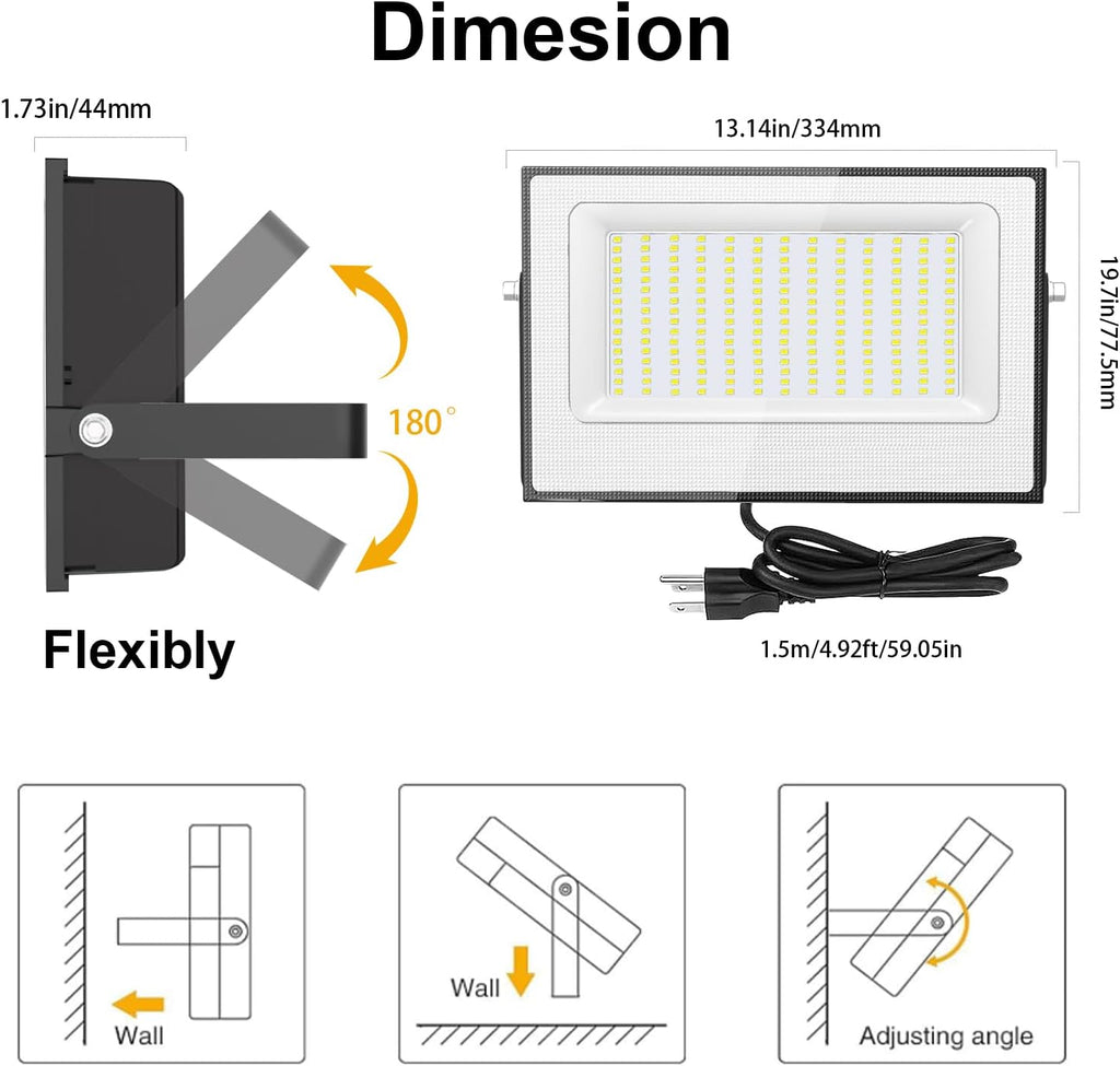 200W Flood Lights Outdoor,19000lm Bright LED Work Light with Plug,Daylight White LED Flood Lighting,IP66 Waterproof