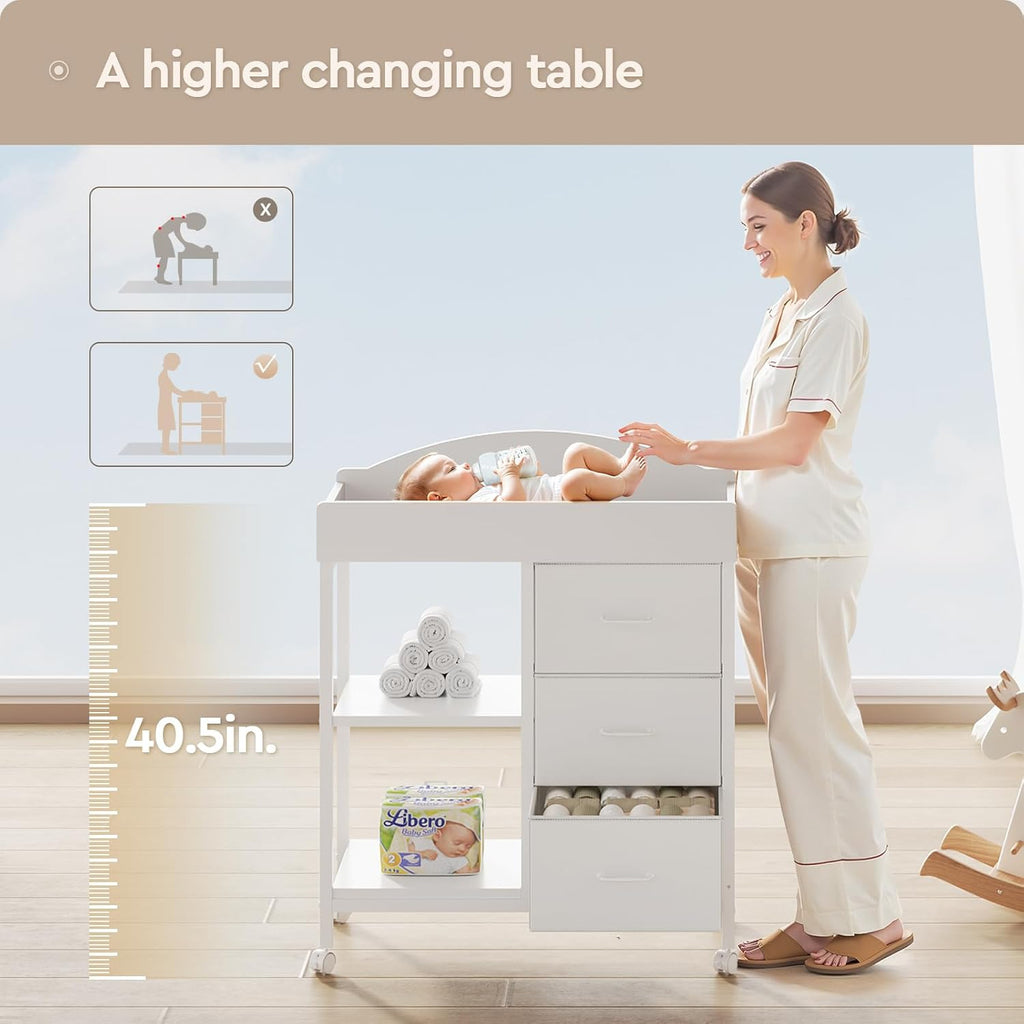 Changing Table, 3 Drawers&2 Shelves, Changing Table Dresser, White | Baby Changing Table,Waterproof Diaper pad &