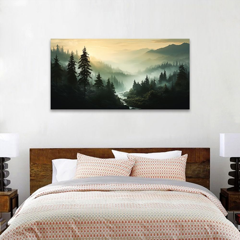 Misty Forest Canvas Wall Art Foggy Mountain Landscape Nature Picture Decor Living Room Pine Trees Smoky Scenery