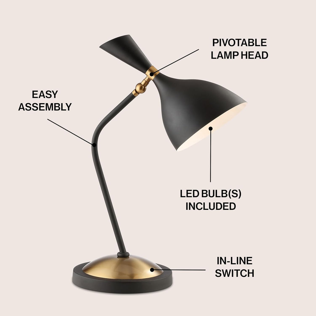 21.5" Black/Gold Retro Mid-Century LED Table Lamp, Adjustable Task Light with Black Iron Shade