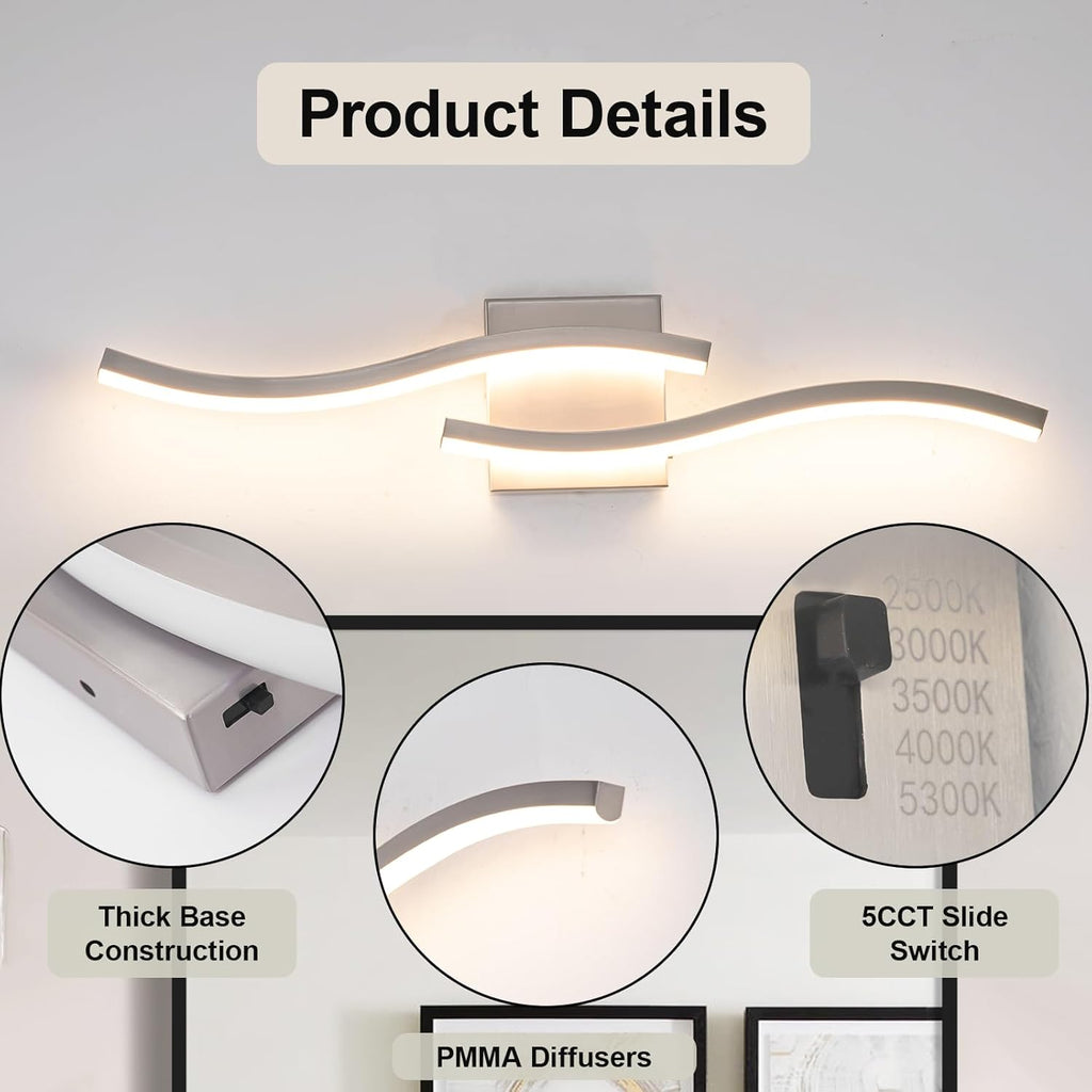 23.62 inch Brushed Nickel LED Vanity Light, 5CCT Dimmable Bathroom Light Fixture Over Mirror, Modern Curved Wall Lamp