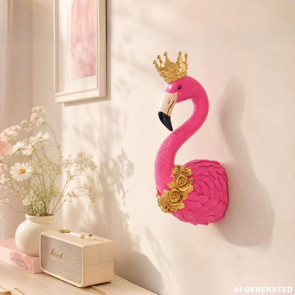 Flamingo Wall Decor, Resin Crown Flamingo Head Wall Sculpture with Gold Rose Accents, 13 x 5.9 Inch, Home Decor Gift