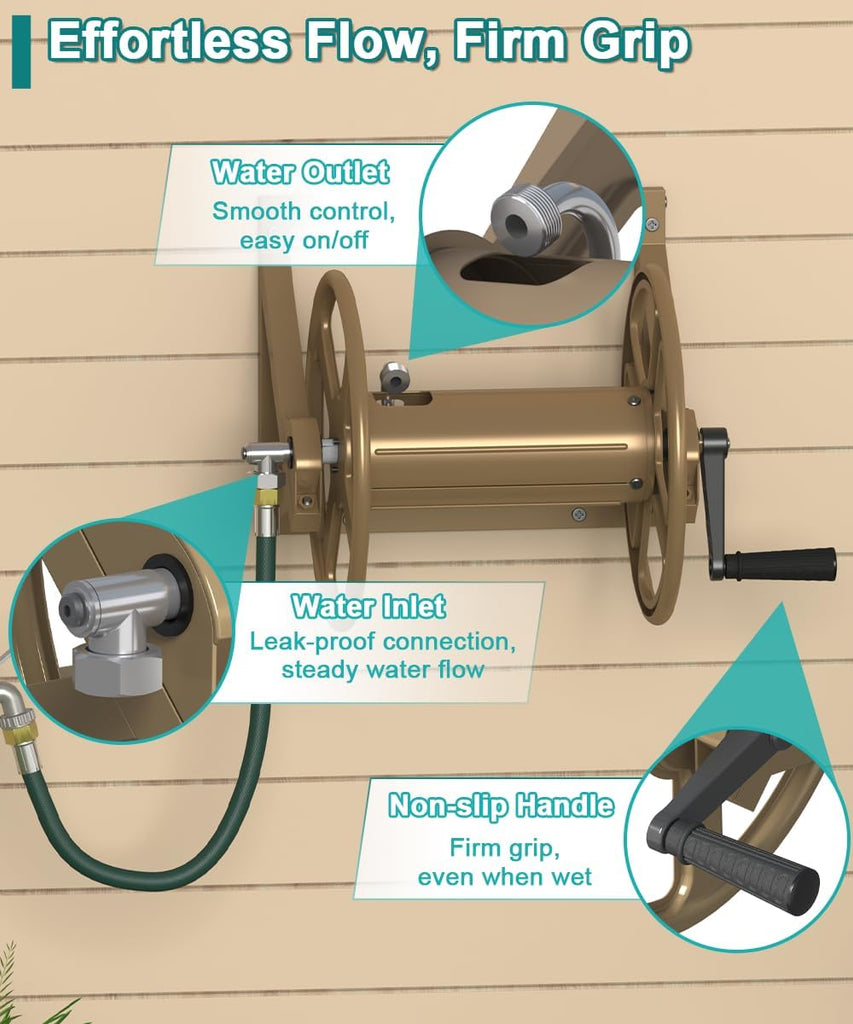Garden Hose Reel Wall Mounted, Outdoor Heavy Duty Powder Coated Metal Water Hoses Holder Winder Holds 125 ft 5/8"