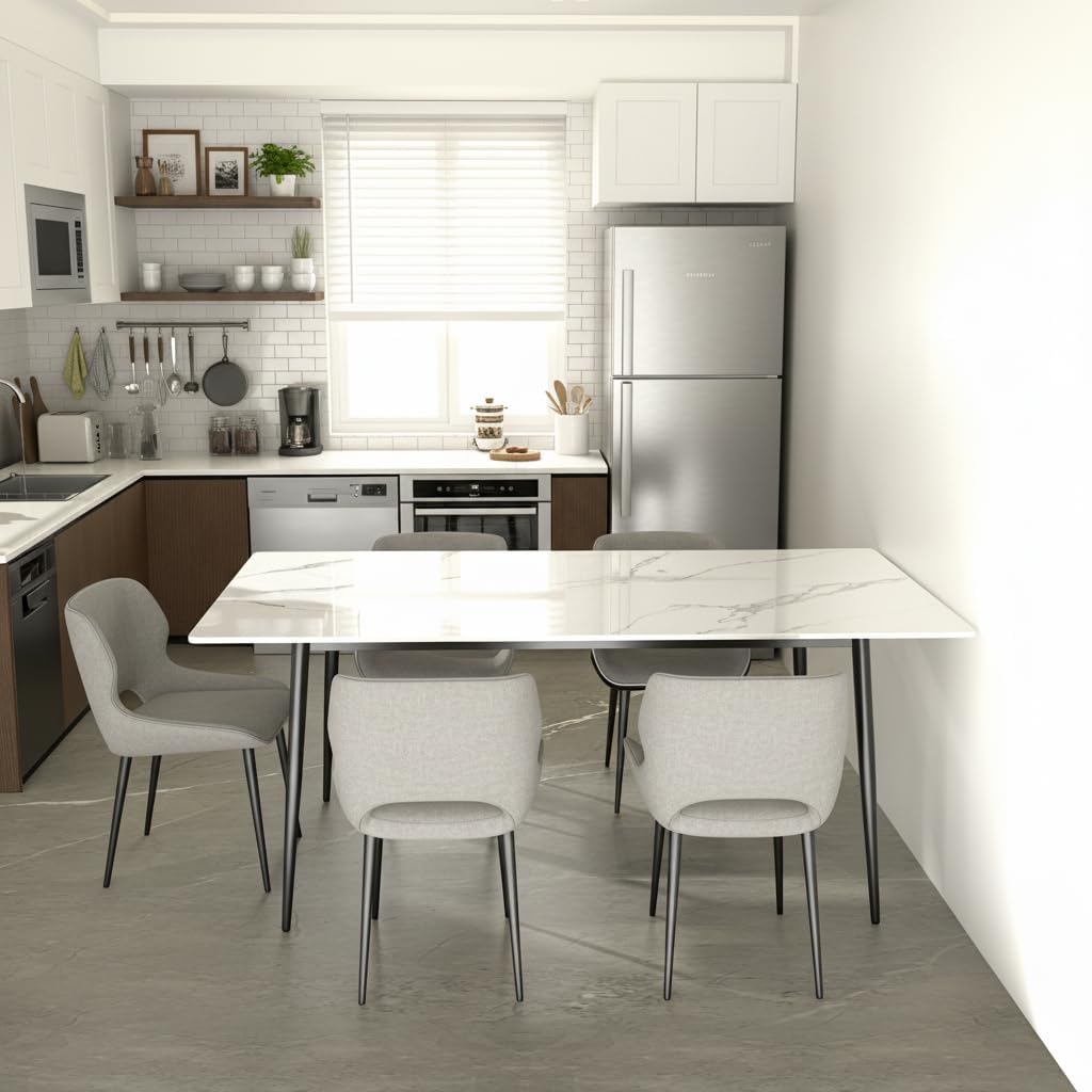 63" Modern Dining Table, Sintered Stone Kitchen Table for 4-6 peoples, White Sintered Stone Dining Tabletop with Metal Legs, Fax Marble Dining Table for Dining Room, Backyard Heat Resistant(63"x31.5")