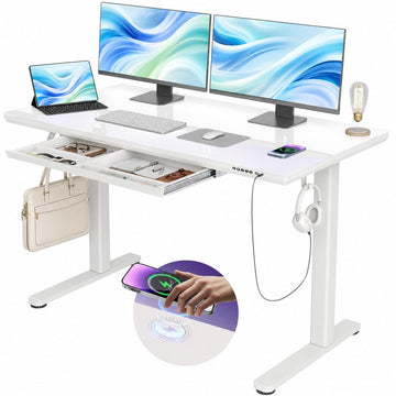 Wireless Charging Glass Standing Desk with Drawer 55 Inches Super White