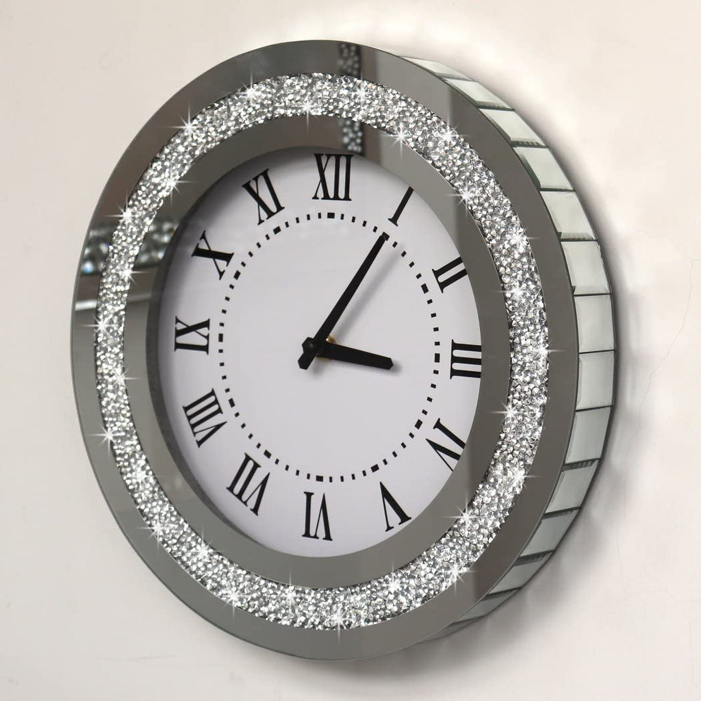 Silver Round Mirror Clock 12inch Crystal Sparkle Twinkle Bling Crush Diamond Mirrored Wall Clock for Wall Decoration