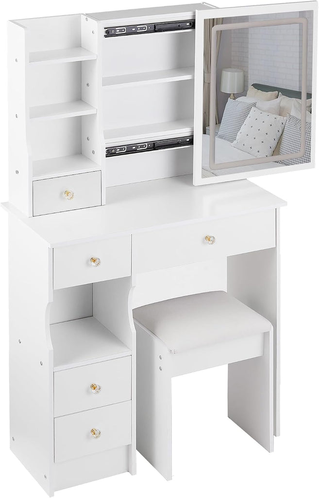 Vanity Desk with Lighted Mirror, 29.2" Makeup Vanity Table with Storage Drawers and Cushioned Stool, Compact Dressing