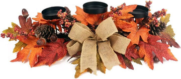 Fall Candle Holder Centerpiece with Maple Leaves, Pinecones, Berries & Burlap Bow,Thanksgiving Table Centerpiece