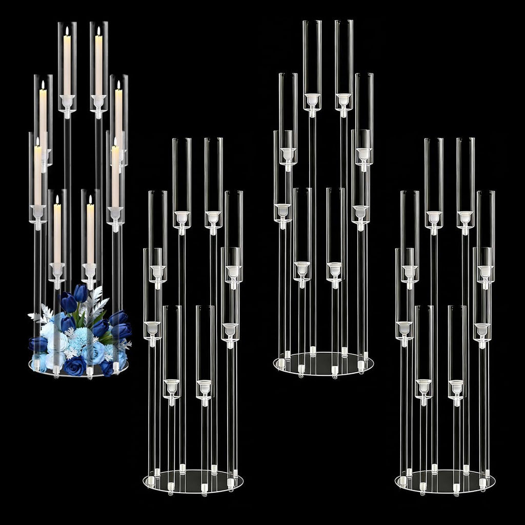 4PCS 8 Arms Clear Candelabra Candle Holder,38.5 inches Tall Arcylic Candlesticks Holder with Shade for Table Dinner