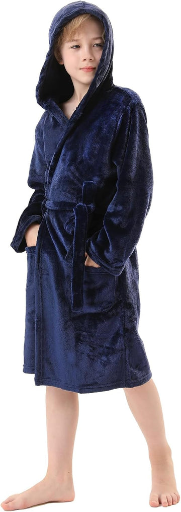 Boys Fleece Robe, Hooded Soft Fuzzy Bathrobe for Kids