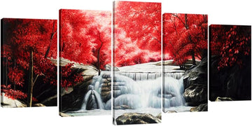 Red Forest Waterfalls 5 Piece Canvas Prints Wall Art for Living Bedroom Room Home Decorations Modern Gallery Wrapped
