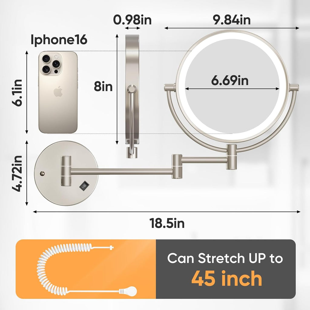 Plug in Wall Mounted Lighted Makeup Mirror 1X/30X Magnifying, AC Powered Double-Sided Magnification