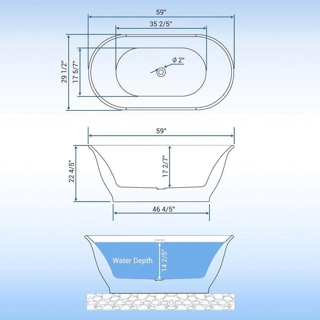 Freestanding Bathtub 59 inch Acrylic White Oval Soaking Tub with Push Drain, Compact Modern Bath for Bathroom