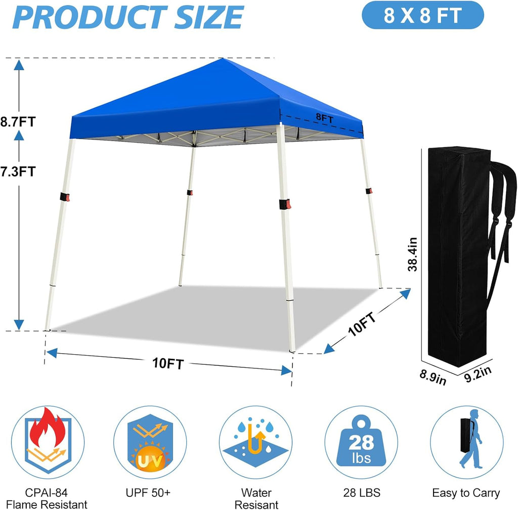 10x10 Slant Legs Pop Up Canopy Tent, 1-Button Push Setup Canopy Tent, Adjustable Height Instant Portable Shelter - Blue