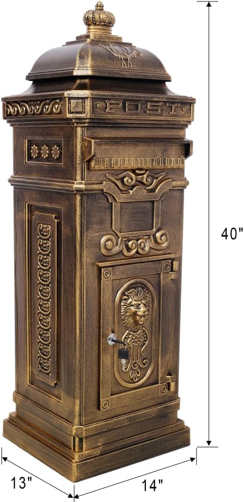 Copper Mailbox, Large Lockable Package Drop Box with Roman Statue, Rustproof Cast Aluminum Mail Boxes Mount Design (2)