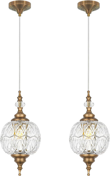 Vintage Pendant Lights Kitchen Island Set of 2, Brass Bathroom Pendant Light with Small Detachable Glass, Modern