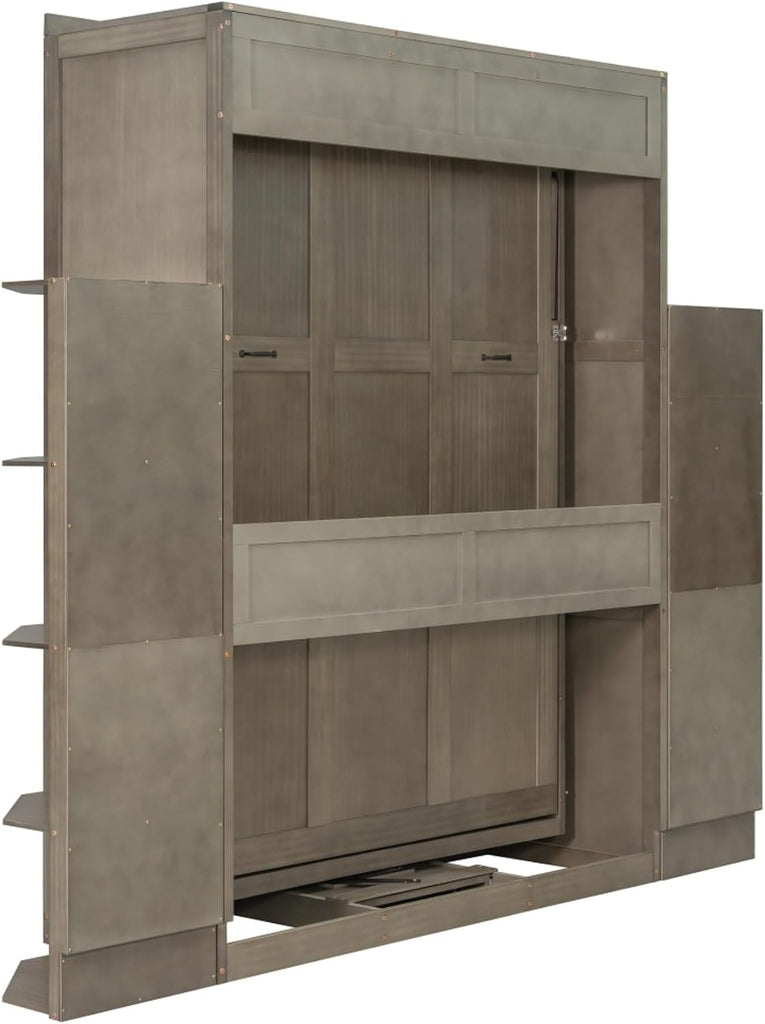 360° Swivel Queen Horizontal Murphy Bed with Desk Combo and Storage Bookshelf, Foldable Murphy Chest Hidden Wall Bed