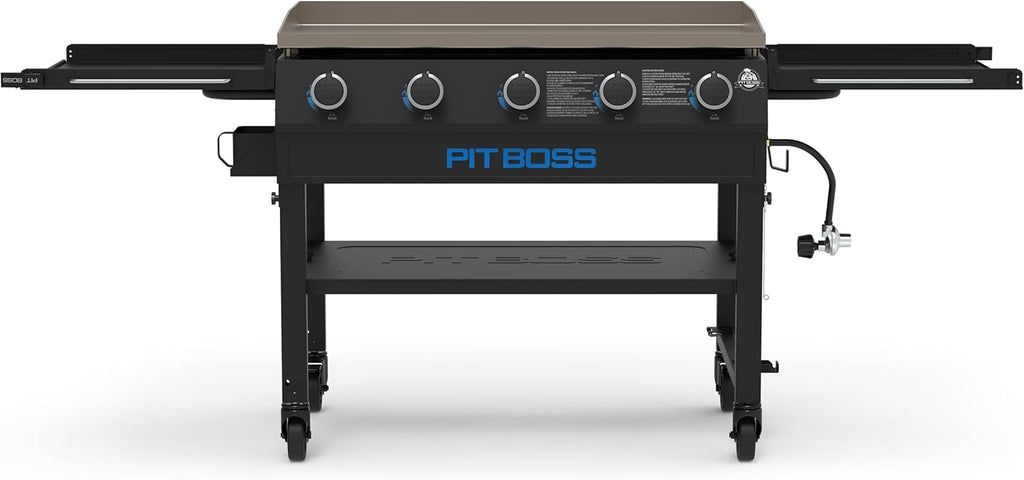 5-Burner Propane Gas Griddle with Folding Side Shelves, Black Outdoor Flat Top BBQ Grill