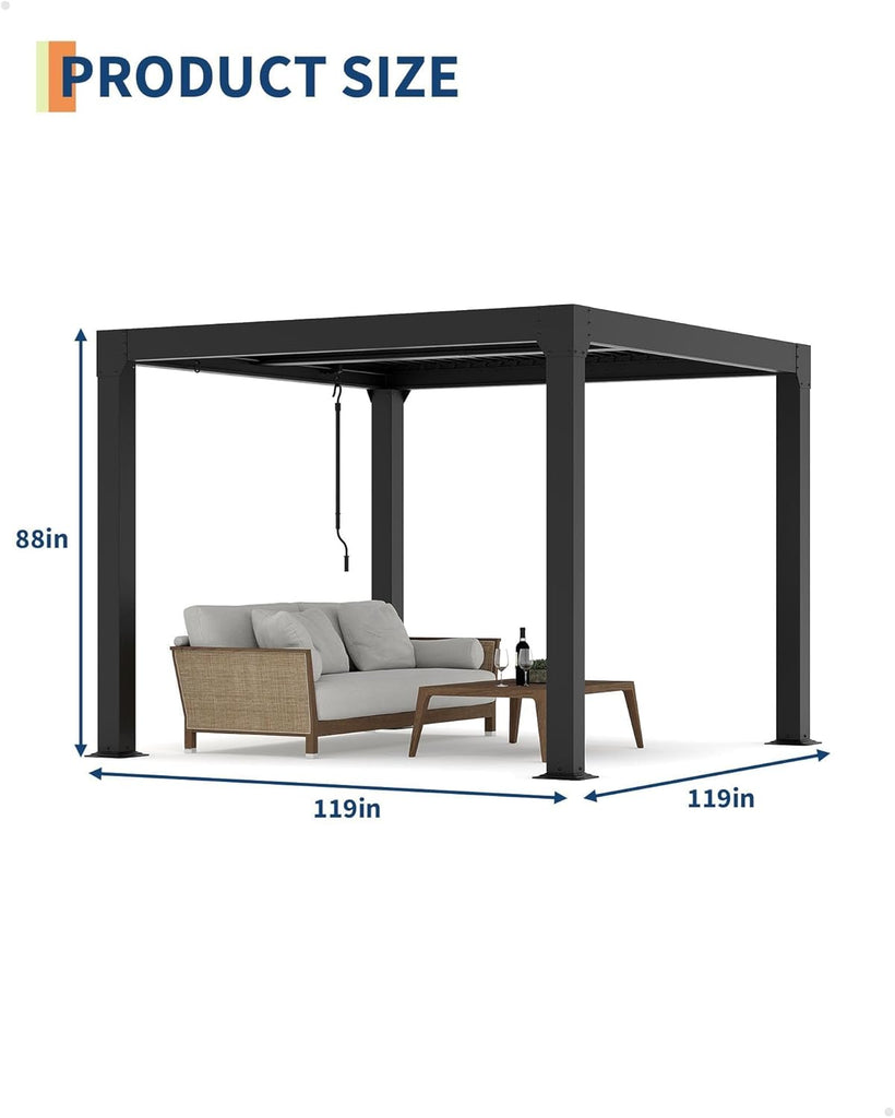 10x10 FT Louvered Pergola, Outdoor Aluminum Pergola with Adjustable Roof & Integrated Drainage System