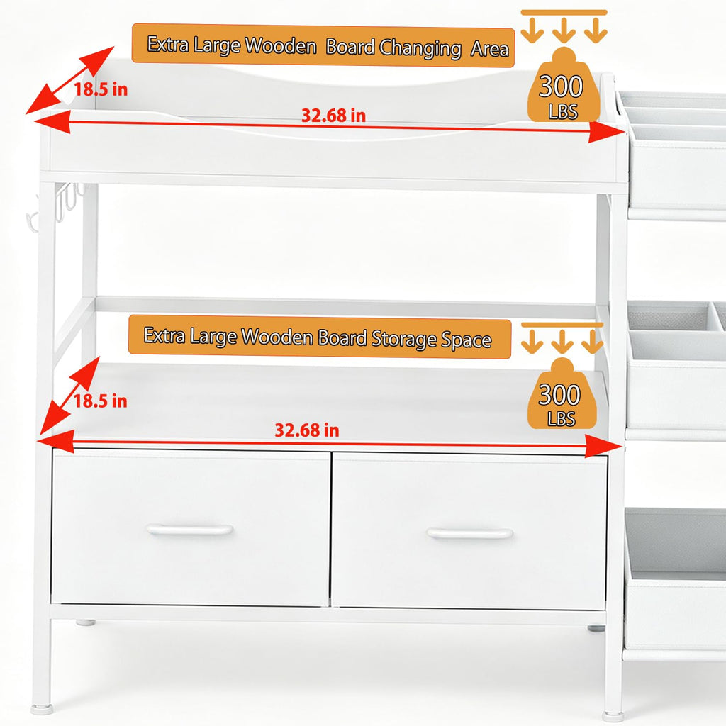 Baby Changing Table with Storage,Heavy-Duty Diaper Changing Station, White Nursery Dresser Organizer with 2 Large