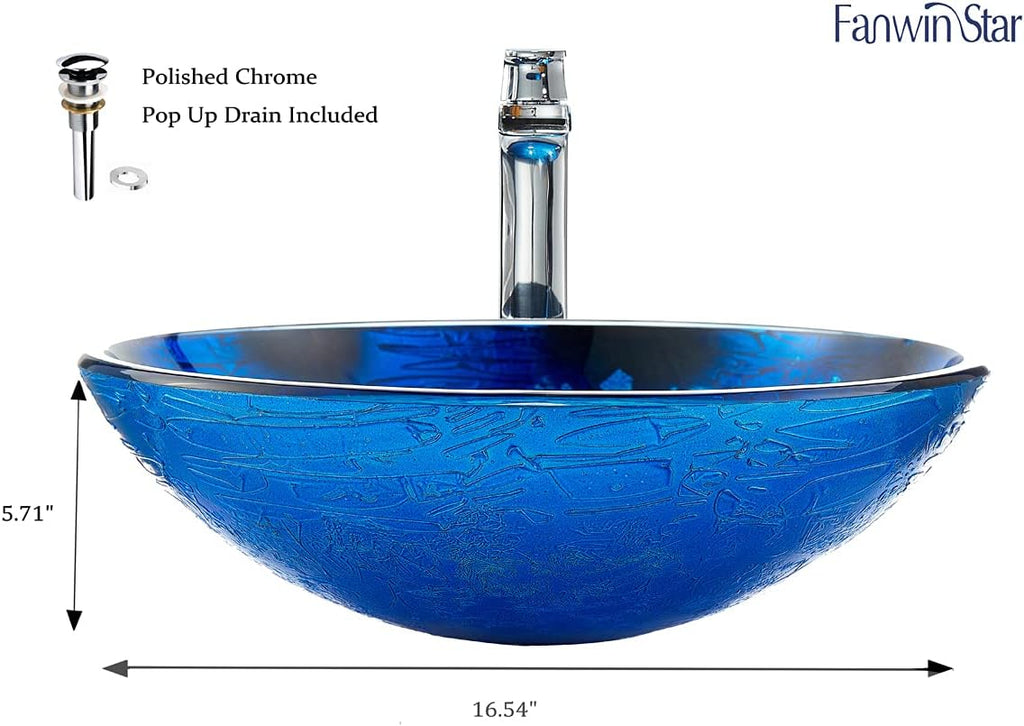 Blue OceanMystery Series Tempered Deco Glass Vessel Bathroom Sink in Starry Blue | Top Mount Sinks Above Countertop |