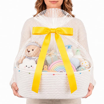 Large Gift Basket Empty, Cotton Rope Woven Basket with Pom-Pom Trim, White