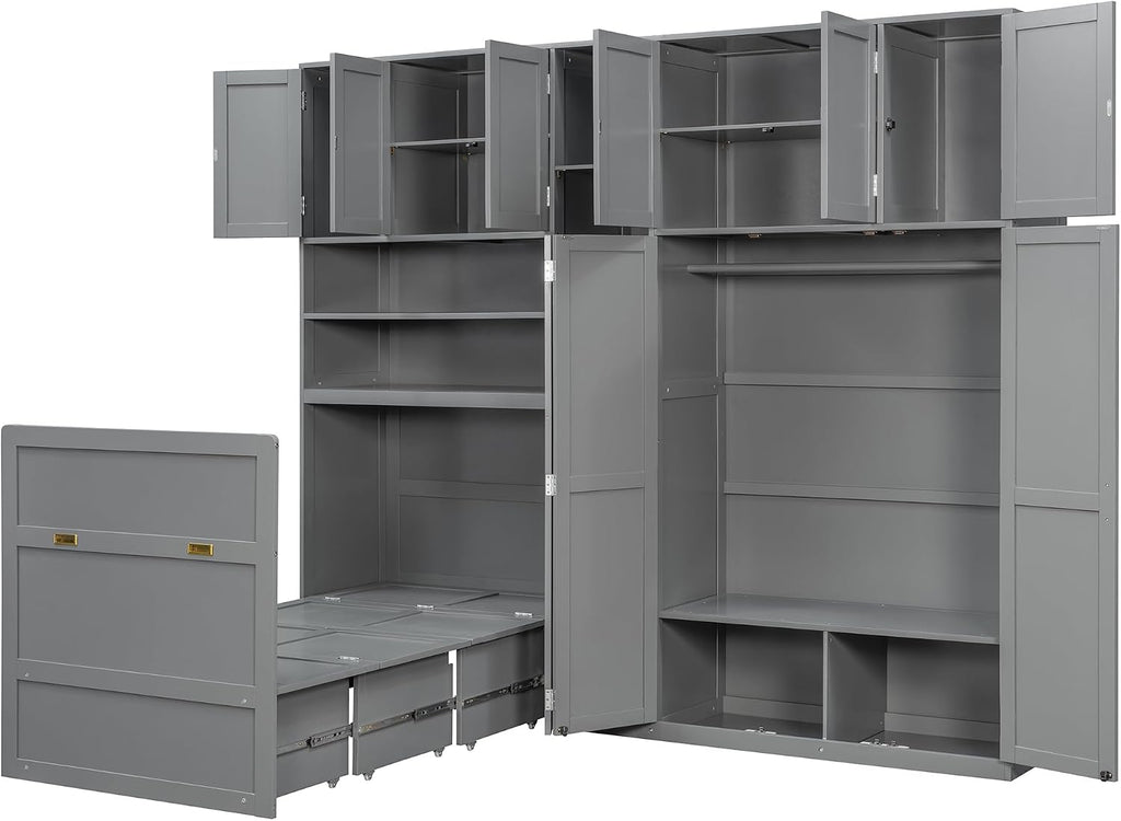 Twin Murphy Bed with Storage & LED Lights, Foldable Wall Bed Cabinet with Shelves, Cabinet & Wardrobe, Space-Saving
