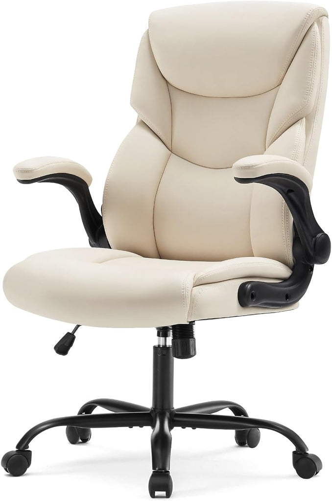 Office Executive Chair - Heavy Duty High Back Home Desk Chair with Flip-up Armrest, PU Leather, Height Adjustable & Swivel Rolling with Wheels, Beige