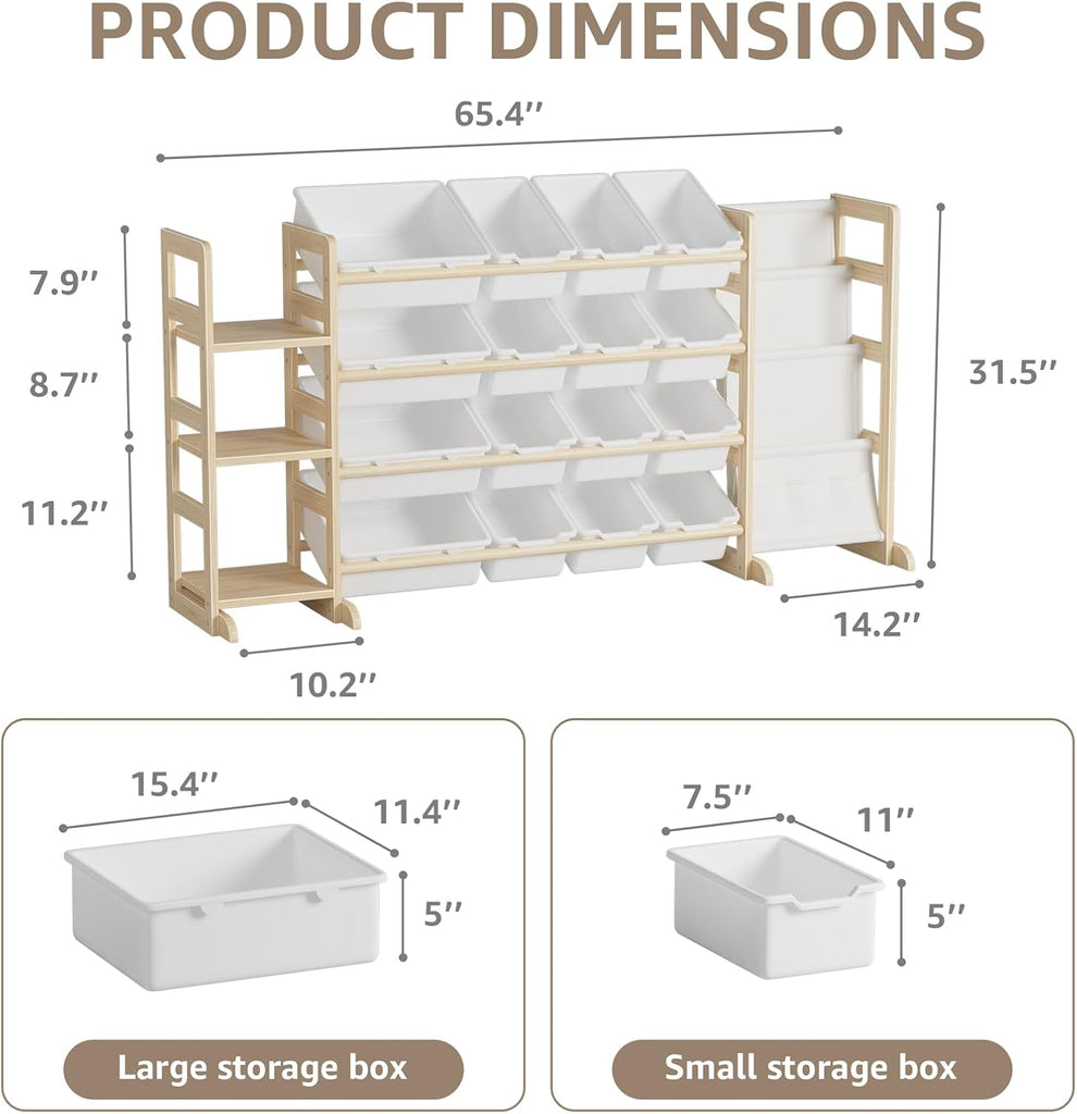 Large Toy Storage Organizer with Bookshelf - 3 Shelves and 12 Bins Kids Solid Pine Wood Toy Organizer with 3 Tier