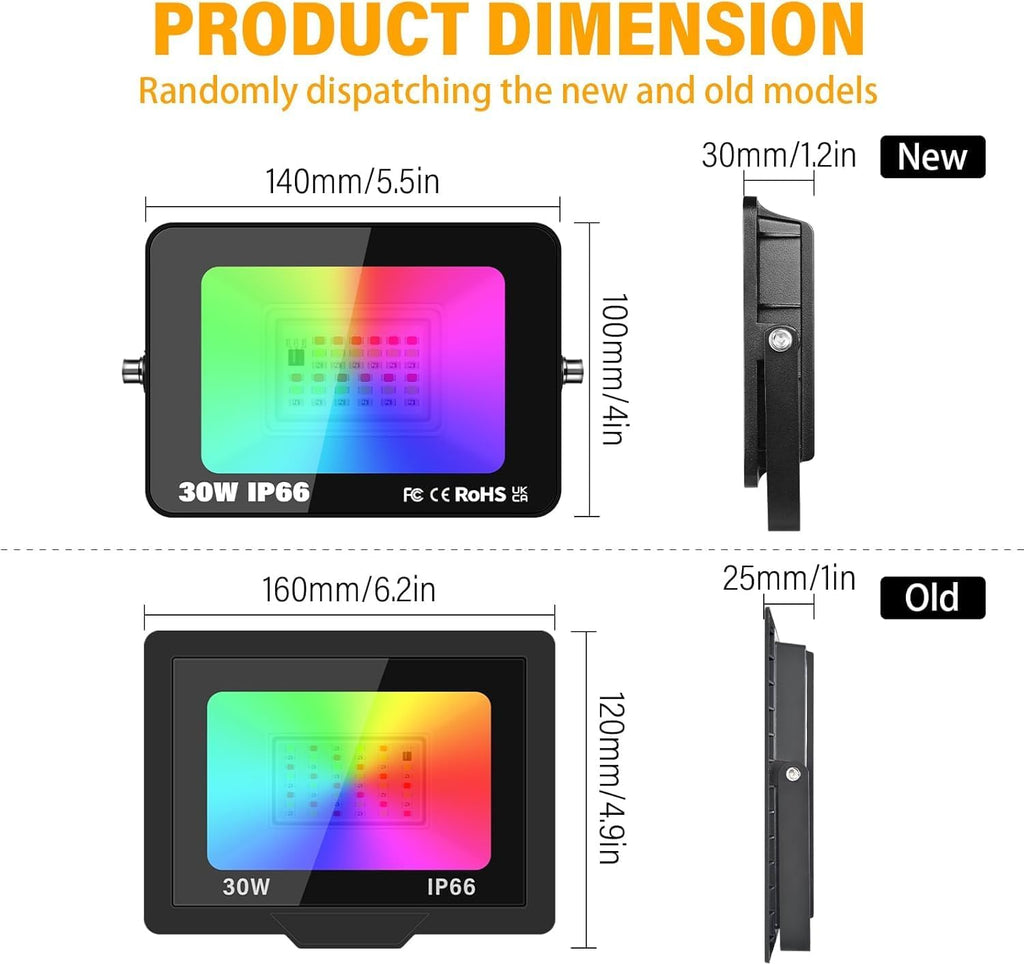 4-Pack 30W RGB LED Flood Light, Remote Outdoor Color Changing Light | 16-color changing, IP66 waterproof, remote