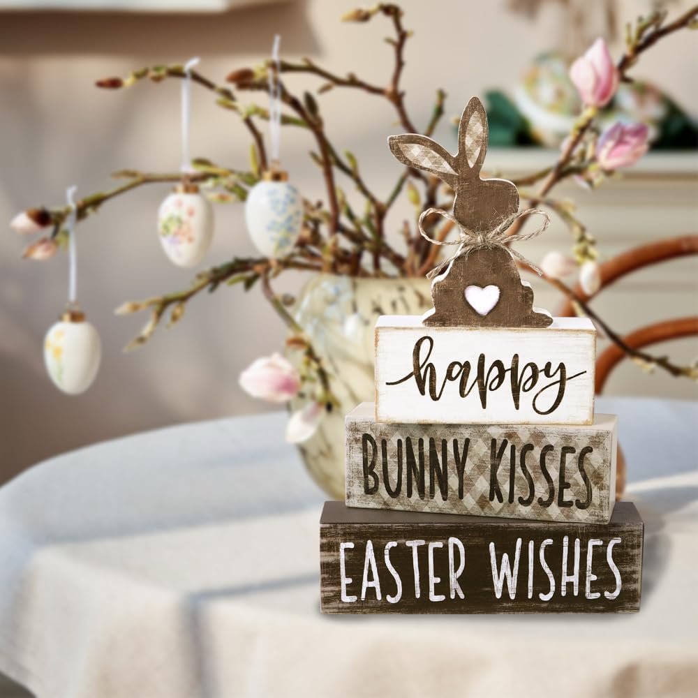 Easter Tabletop Decorations Bunny Wooden Block Signs Gift Rustic Tiered Tray Decor Happy Easter Centerpiece - Set of 4