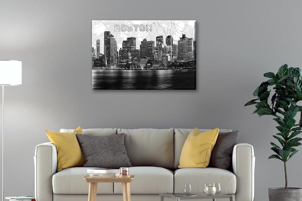 Boston Skyline Canvas Wall Art, 24"x36" Black and White Cityscape with Map Background, Modern Boston City Night View