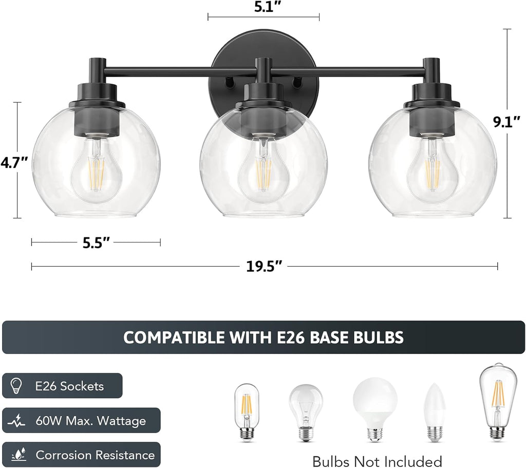 3 Light Bathroom Vanity Light Fixtures, Black Finish | Globe Glass Shades, E26 Sockets, Easy to install, Vanity
