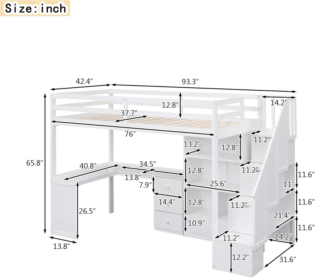 Twin Loft Bed with L Shaped Desk, Storage Drawers and Bookcase