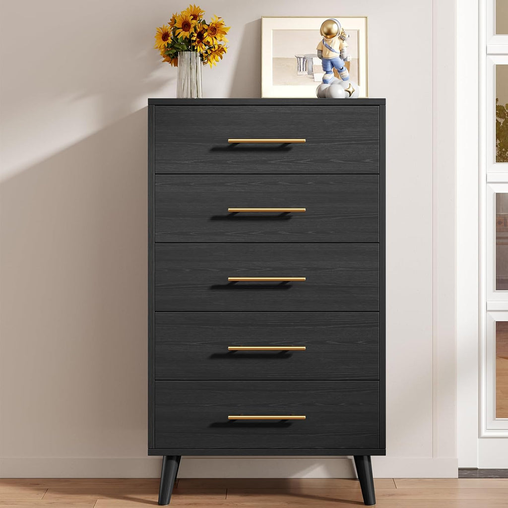 5 Drawer Dresser, Tall Chest of Draawers, Black | Wood Dresser with Metal Handles for Organized Storage Dresser s