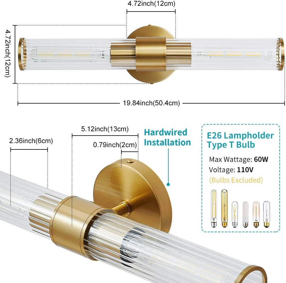 Hardwired Gold Vanity Light Threaded Glass Wall Sconce 2 Pack | Up & Down Bidirectional Lighting, Damp Rated s