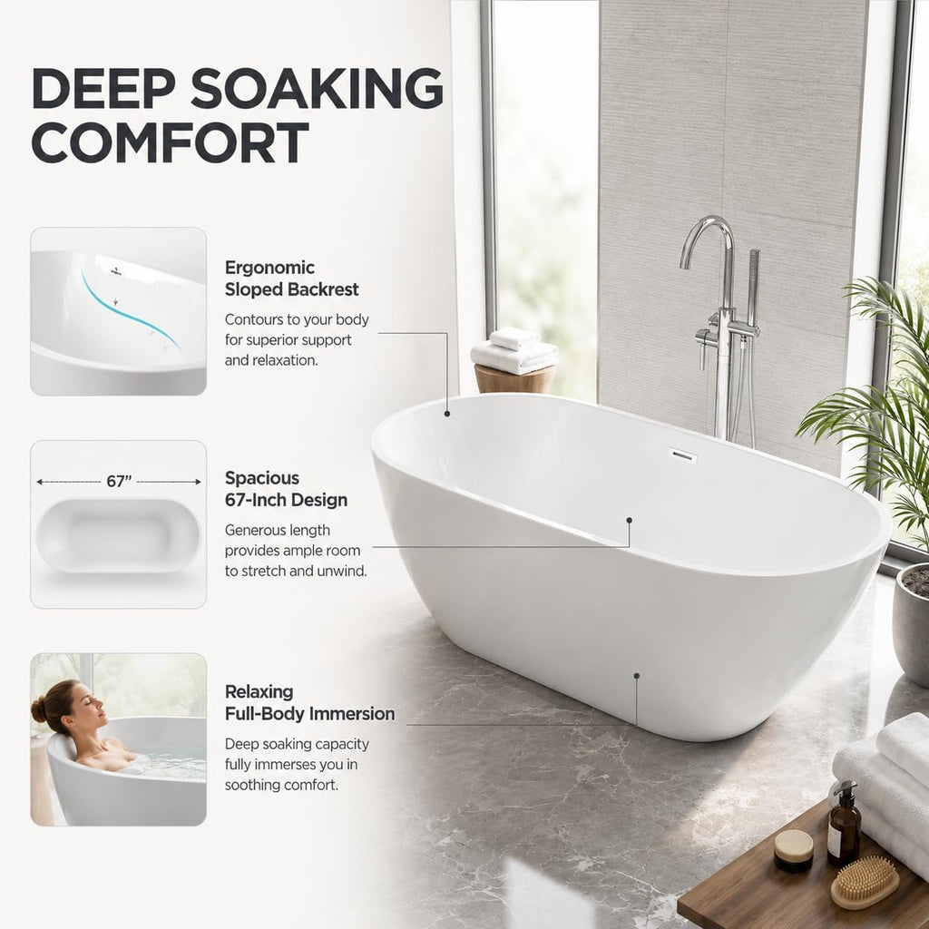 67" Deep Soaking Bathtub, Non-Slip Acrylic Tub with Chrome Drain, cUPC Certified, Ergonomic Modern Bath for Bathrooms