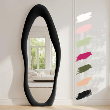 Full Length Mirror 63"x24" Irregular Full Body Wall Mounted Floor Mirror with Stand Black Flannel Wrapped Frame