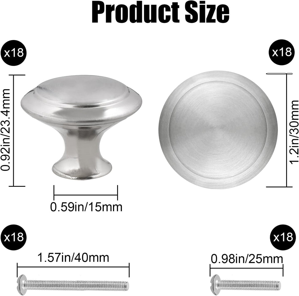 30mm Silver Cabinet Knobs - 18 Pieces Drawer Pulls for Dressers, Kitchen, Cabinets With Screw