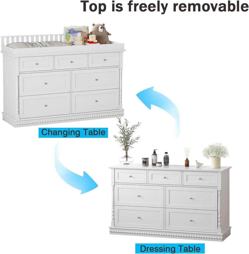 56.5" Baby Dresser with Removable Changing Table Top, Large White Dresser with 7 Storage Drawers, Baby Changing