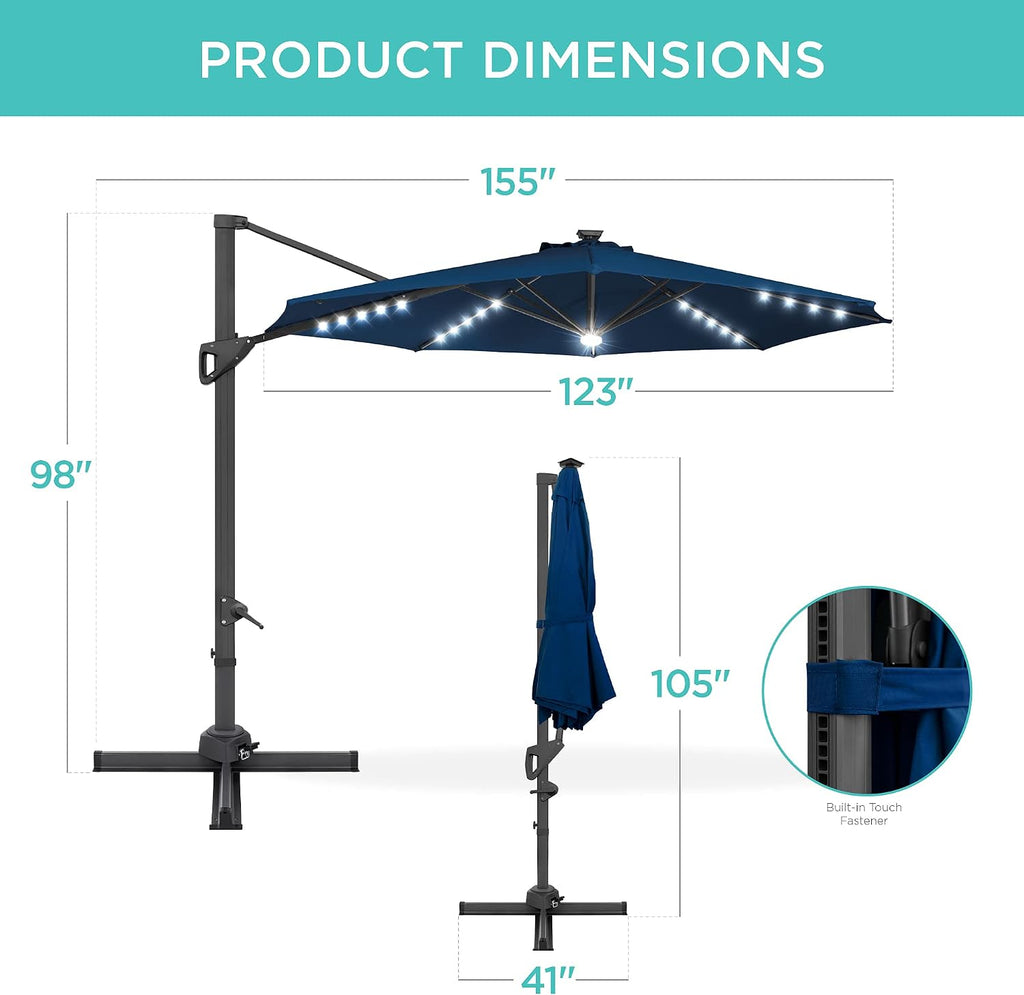 10ft Solar LED Cantilever Patio Umbrella, 360-Degree Rotation Hanging Offset Market Outdoor Sun Shade w/Lights - Navy Bl
