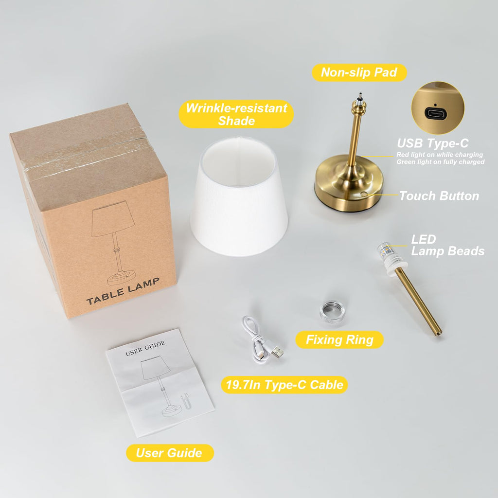 Cordless Table Lamp, Rechargeable Battery Operated, Brass, 1 Pack