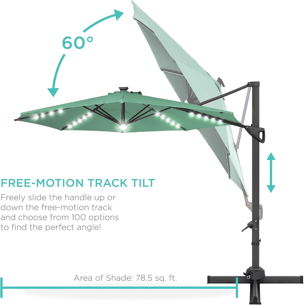 10ft Solar LED Cantilever Patio Umbrella, 360-Degree Rotation Hanging Offset Market Outdoor Sun Shade w/Lights - Seaglas