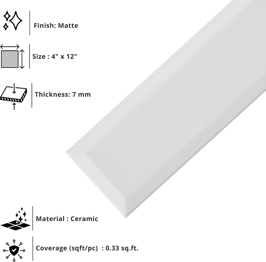 Alpine White Edge Matte Ceramic Subway Tile 4x12 in Backsplash Bathroom Wall Shower Fireplace Accent (Box of 36 )
