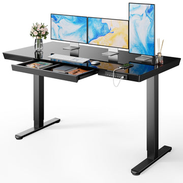 Glass Standing Desk with Drawer, 55 x 28 inch Electric Standing Desk, Sit Stand Desk with One-Piece Tabletop & USB