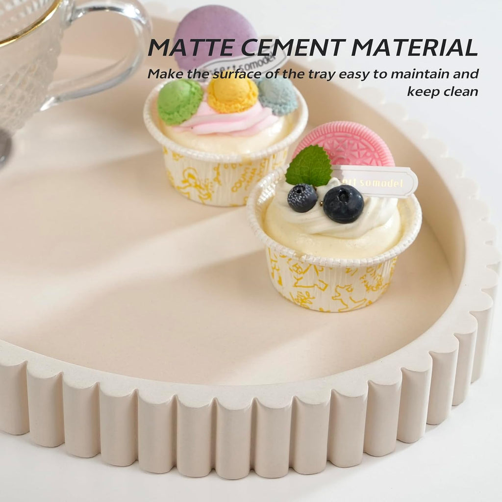 Coffee Table Tray, Large 13"×9.5" Oval Fluted Concrete Tray, Cream Decorative Serving Tray, Home Décor Accent for