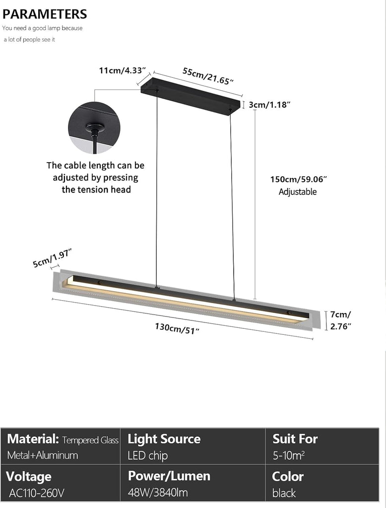 Glass Modern Black Linear Pendant Light - LED Hanging Kitchen Island Lights, Adjustable Dimmable Ceiling Fixtures
