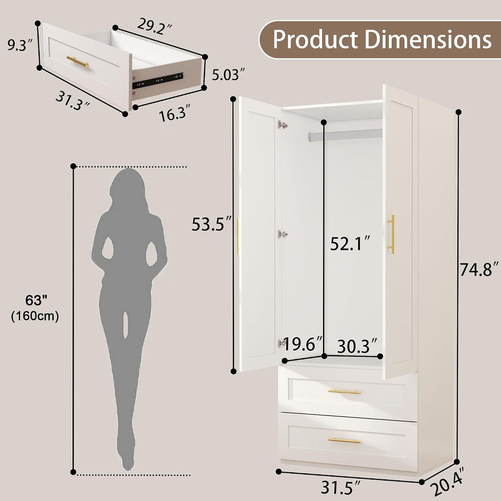 Armoire Wardrobe Closet with Drawers: 75" White Wardrobe Closet with 2 Doors and 2 Drawers, Wood Armoire Closets